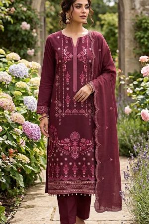 RTS | Mehroon Embroidered Lawn | 3 Piece